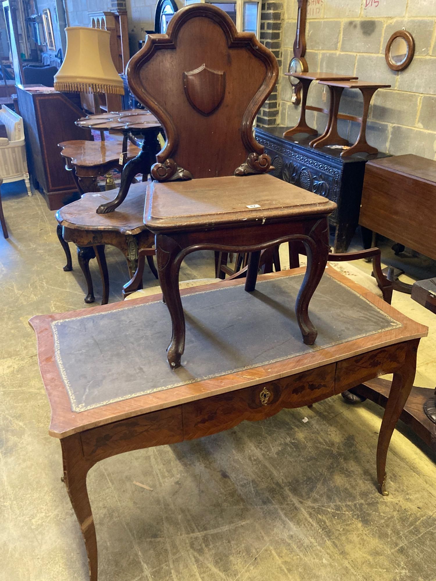 A Louis XVI style kingwood writing table, with central drawer, width 114cm and a Victorian mahogany hall chair